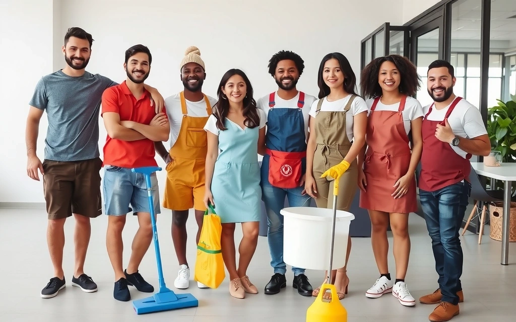 Echipă de curățenie profesională, zâmbitoare, într-un spațiu modern, simbolizând dedicarea și calitatea serviciilor cleaningforce.