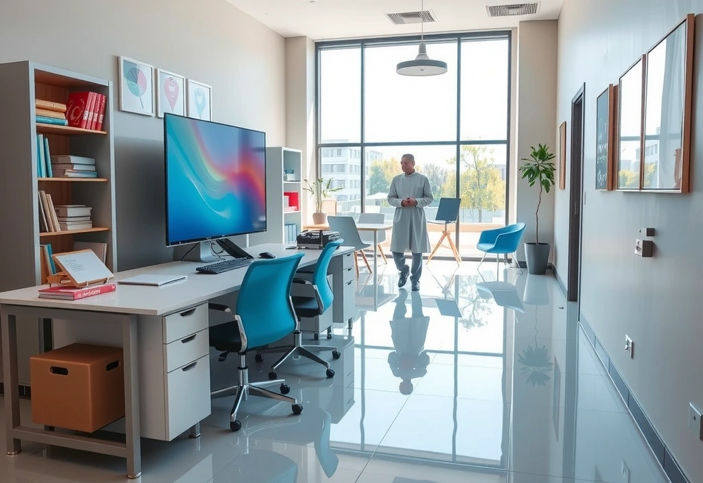 Birou modern curat și igienic, cu spații deschise și lumină naturală