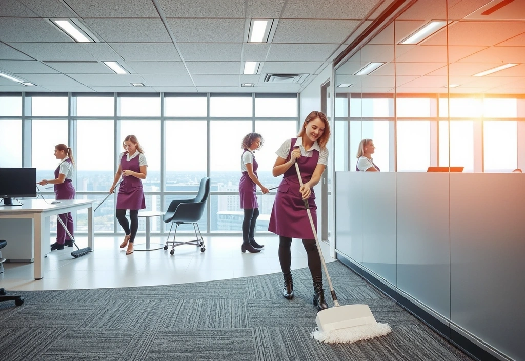 Echipa de curățenie profesională într-un birou modern, lucrând eficient
