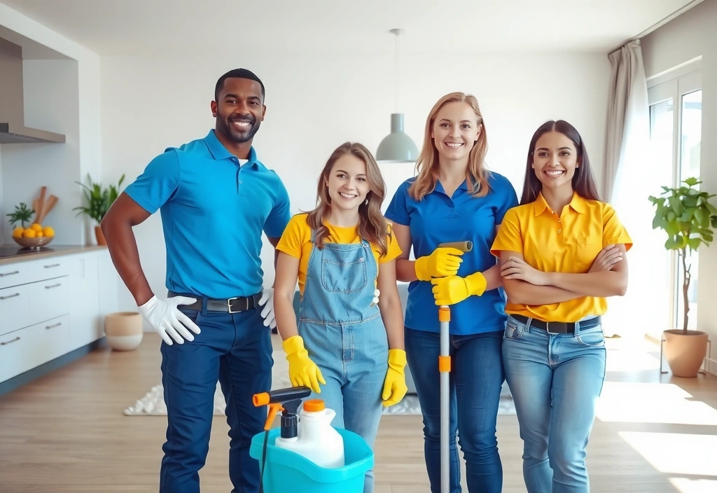 Echipă de curățenie profesională, zâmbitoare, într-un mediu rezidențial modern, cu echipamente de curățenie de ultimă generație