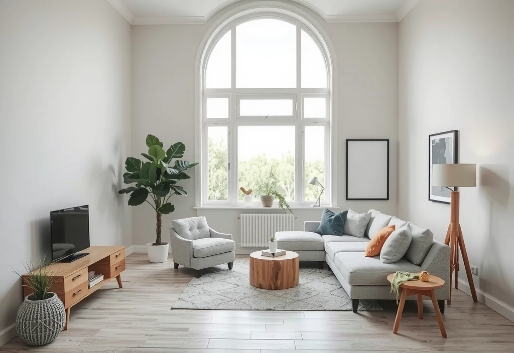 Interiorul unei camere de zi moderne, impecabil de curat și organizat, cu lumină naturală abundentă