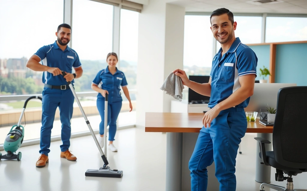 Echipa cleaningforce în acțiune, curățând un birou modern cu zâmbete și echipamente profesionale.