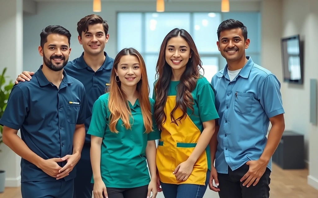 Portretul unei echipe de curățenie diverse și zâmbitoare, îmbrăcate în uniforme curate.