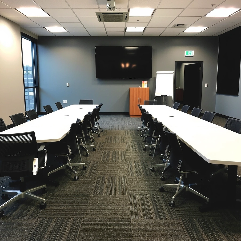 Imagine sală de conferințe igienizată