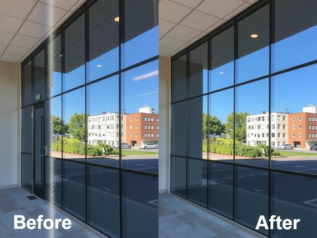 Imagine curățenie fațadă sticlă clădire birouri