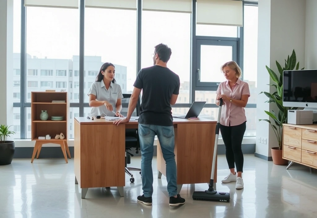 Echipă de curățenie profesională la lucru într-un birou modern