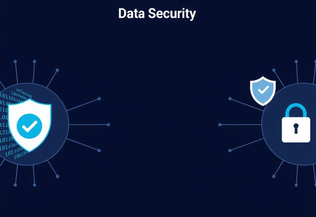 Imagine abstractă reprezentând securitatea datelor și conformitatea legală, cu elemente de cod și un simbol de scut.