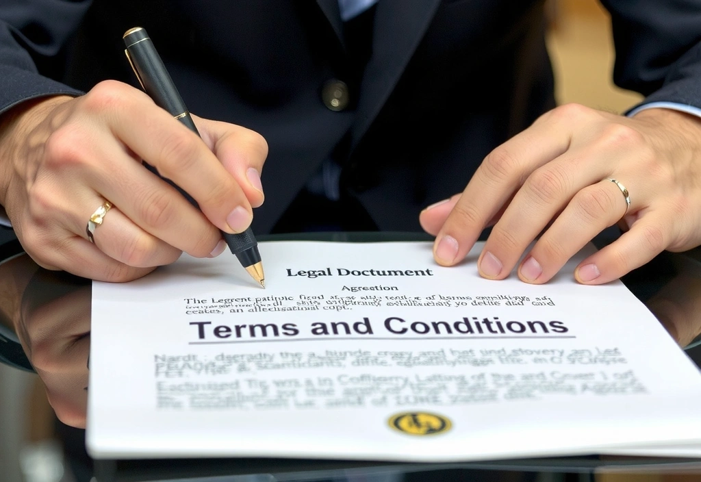 Imagine a unor mâini care semnează un document legal, simbolizând acordul și conformitatea cu termenii și condițiile.